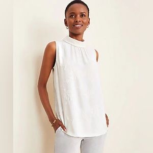 Ann Taylor Floral Jacquard Sleeveless Mock Neck Top, White, Size: XL